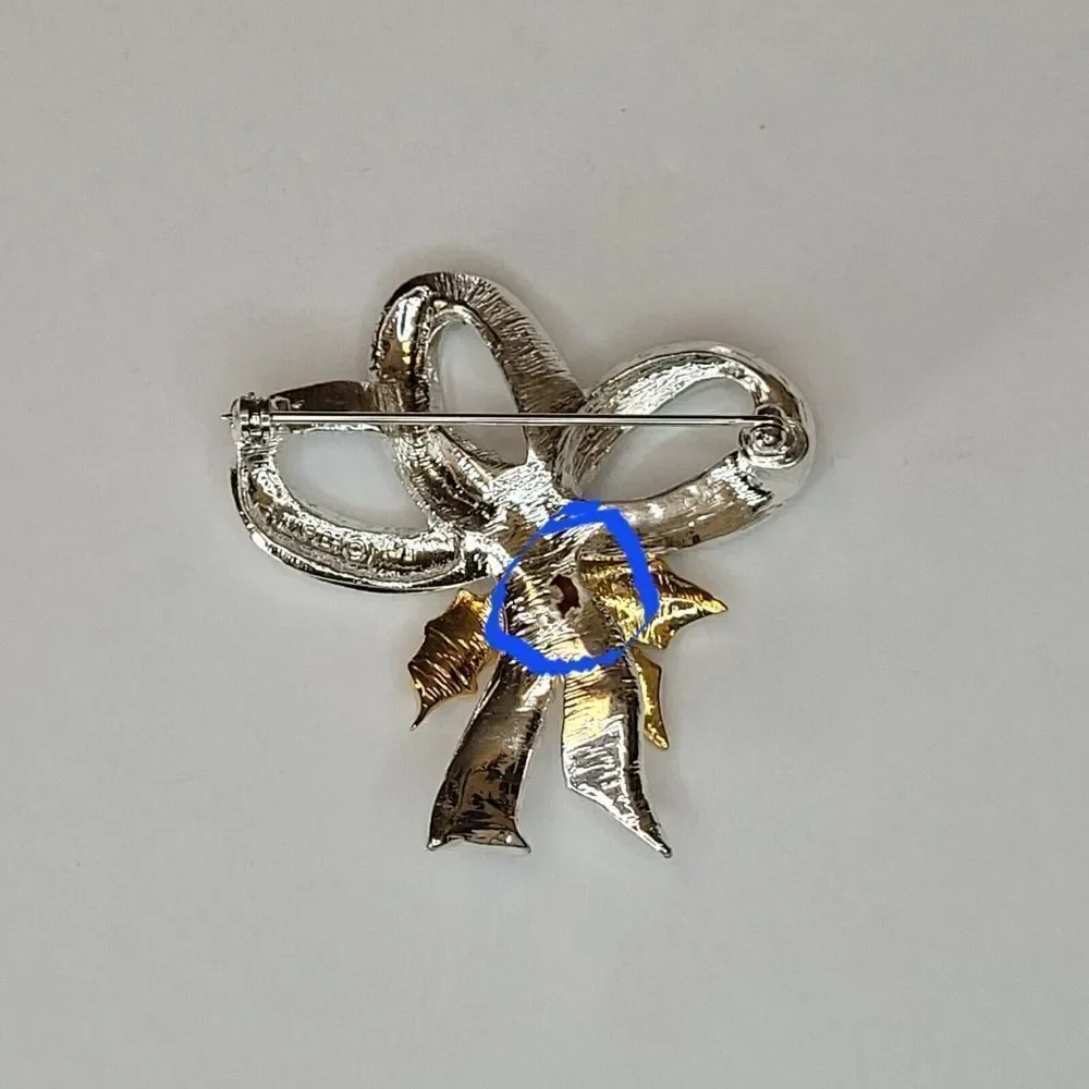 Holiday Christmas Ribbon Bow Silver-Tone with Gold-Tone Leaf Brooch Pin